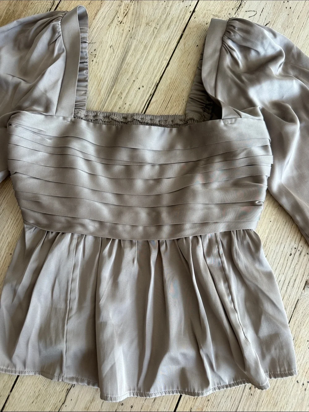 Abercrombie & Fitch Satin Pleated Square-Neck Blouse in Taupe